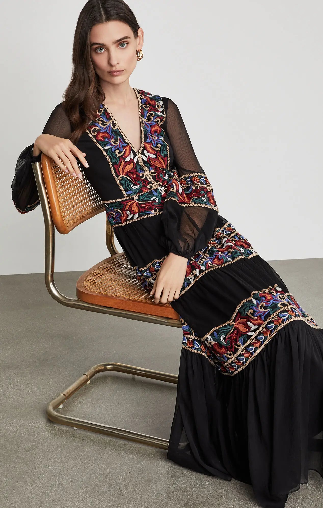 Kaftans - Jastie Embroidered Women Maxi Dress V-Neck Batwing Sleeve Loose Oversize Summer Dresses Drawstring Waist Boho Beach Vestidos