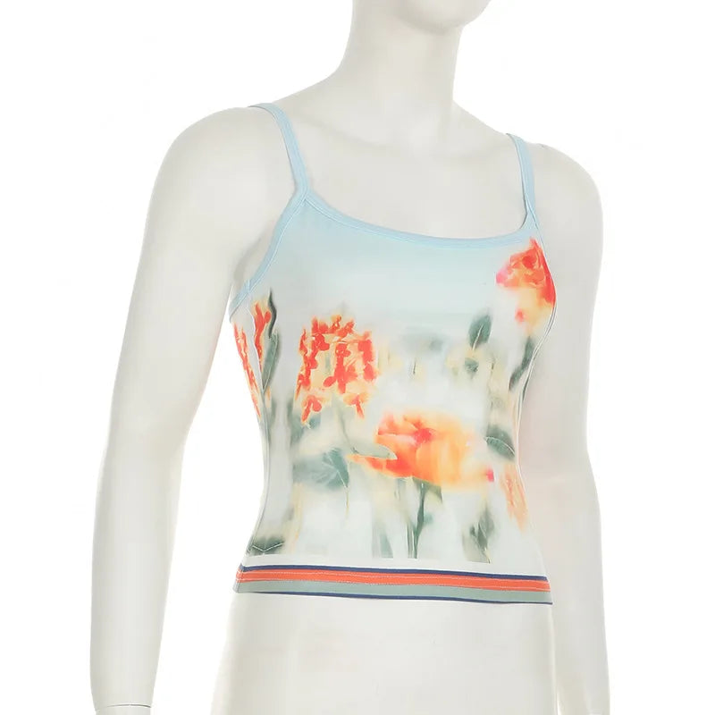 Skirt Sets - Print Floral Two Piece Sets Women Skirt Suit Spaghetti Strap Top Mini Skirt Sets Spring Slim Elegant Party Beachwear