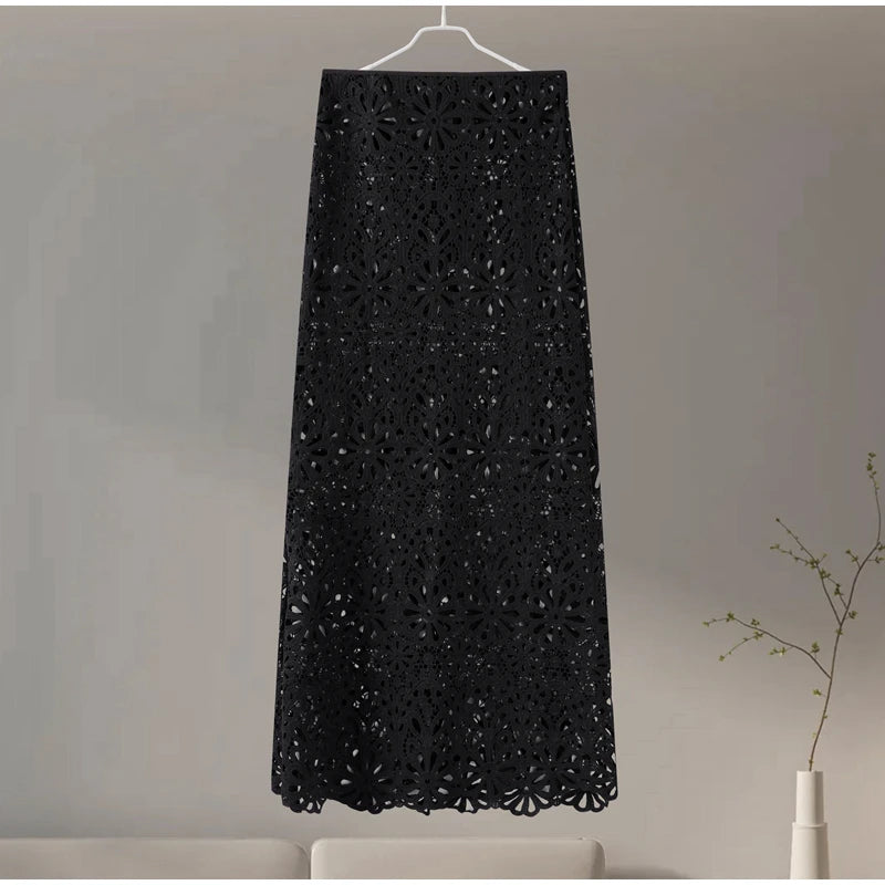 Matching Sets - Elegant See Through Crochet Top Women Set Hallow Out Flare Long Sleeve Top Slim Empire Hip Package Skirts 2025 Summer Lady Set