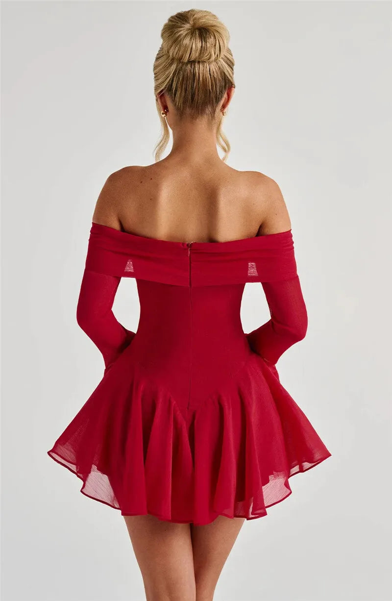 Party Dresses - Strapless Long Flare Sleeve Sexy Mini Dress For Women Robe Off-shoulder Backless High Waist A-line Club Party Dress