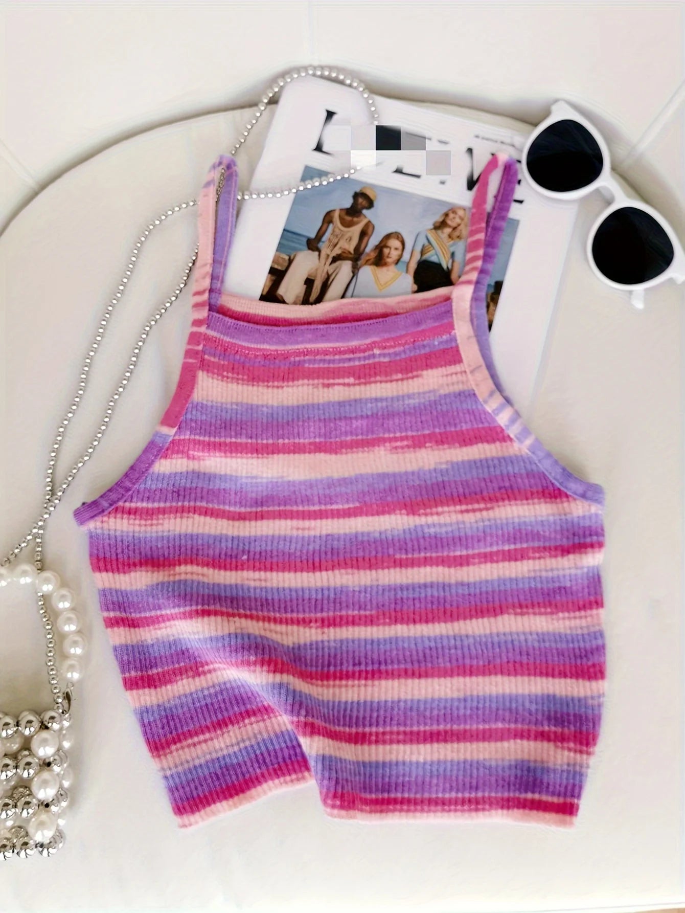 Knit Camis - 2024 Comfortable and Stylish Striped Ribbed Knit Cami Top for Women Sleeveless Square Neck Casual Top Rainbow Crop Top