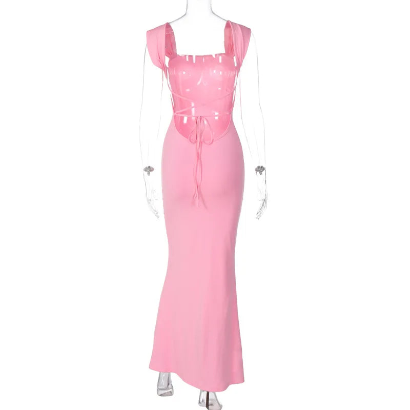 Elegant Pink Sexy Bandage Backless Maxi Dress Summer Backless Outfits for Women Birthday Vestido Sun Dresses Chic