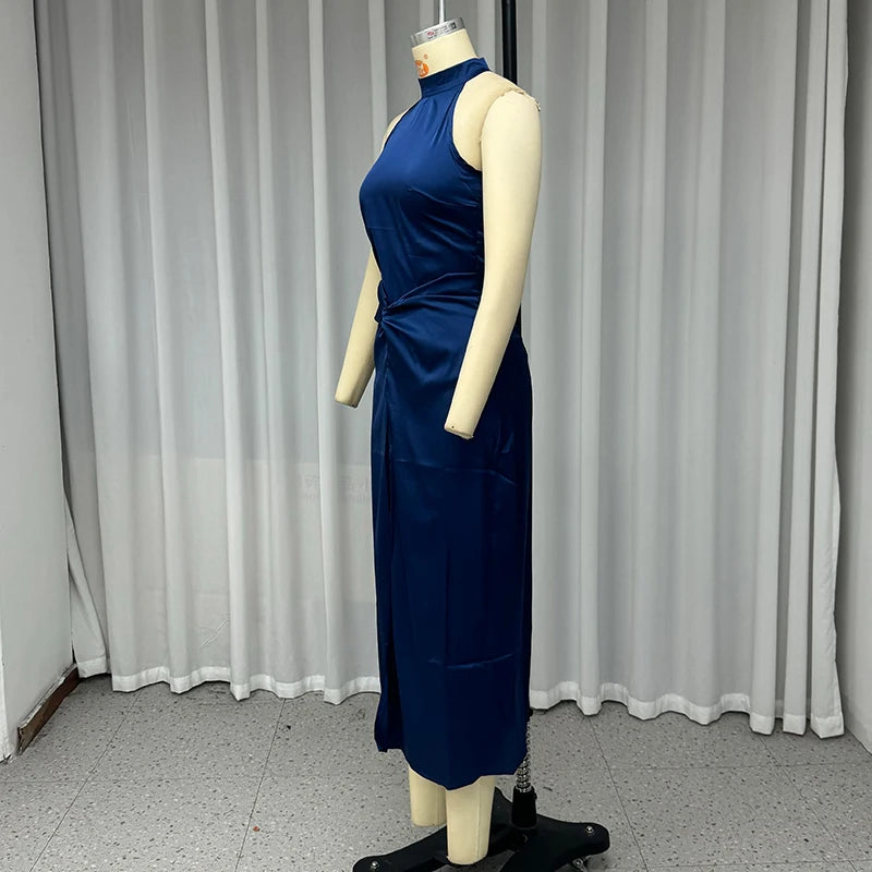 Skirts set - Piece Set Women Summer Elegant Fashion Solid Round Neck Sleeveless Top A Line Twisted Pleated Slit Slim Long Skirts Set