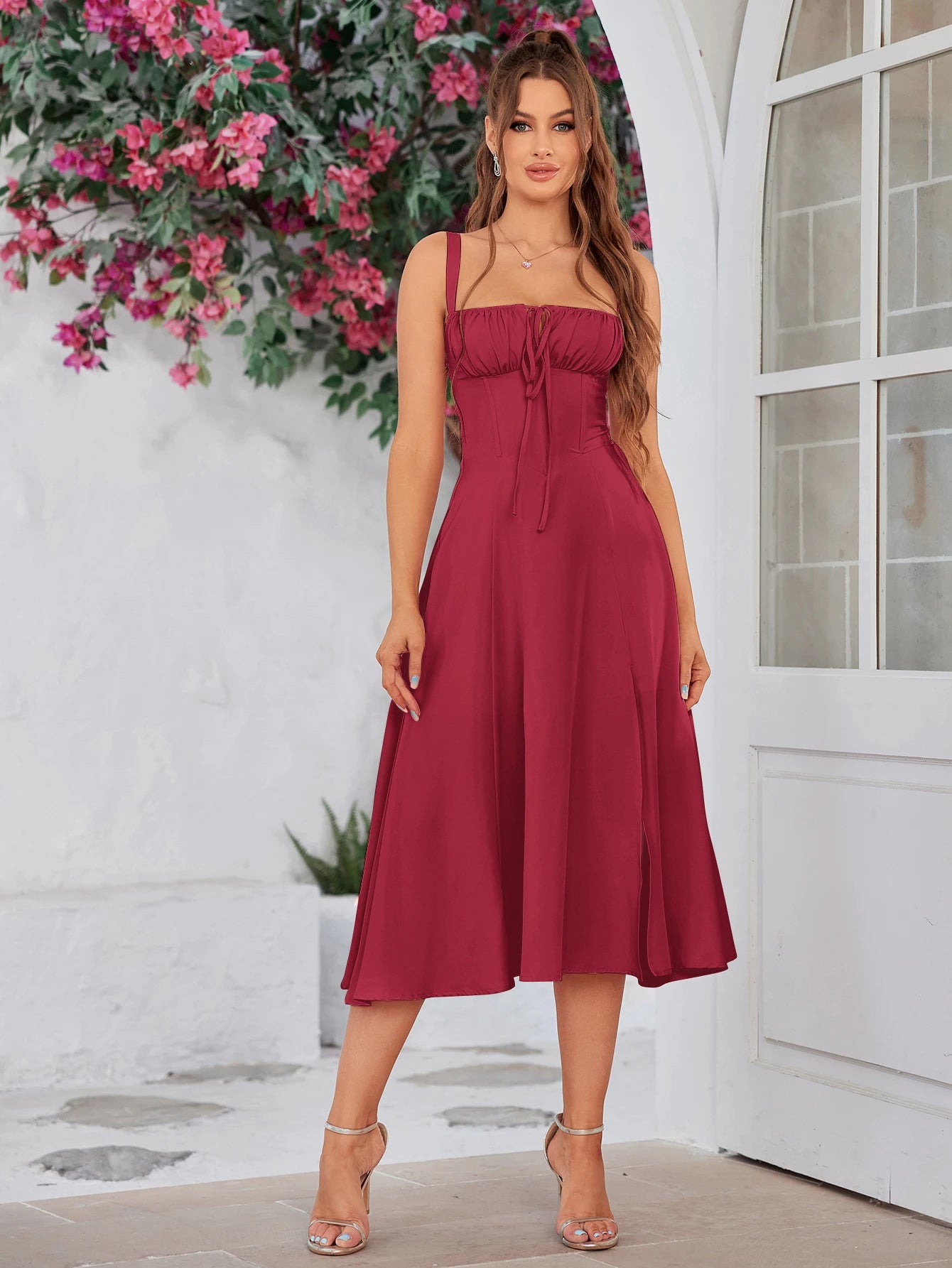 Cami Dresses - Summer Sweet Solid Sleeveless Long Dress Women Fashion Bandage Camisole Dresses Padded Boned Robe Elegant Party Vestidos