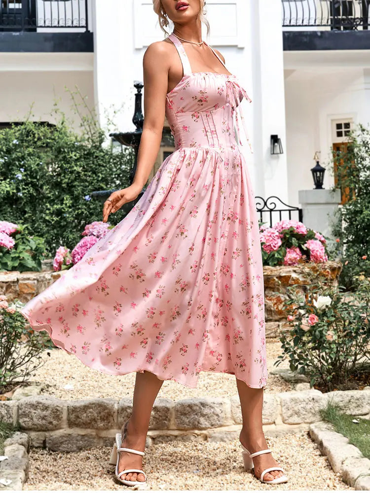 Floral Dresses - Women's Halter Backless Print Floral Midi Corset Dress Spaghetti Straps Tie Up Fashion Casual Holiday Long Dresses Pink