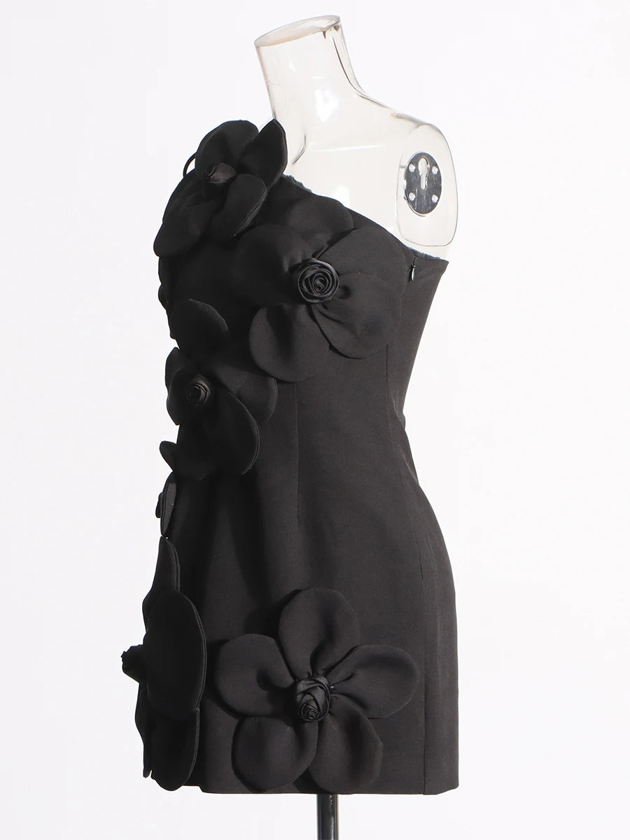 Party Dresses - Patchwork Appliques Mini Dresses For Women Diagonal Collar Sleevelss Spliced Lace Up High Waist Dresses Female New