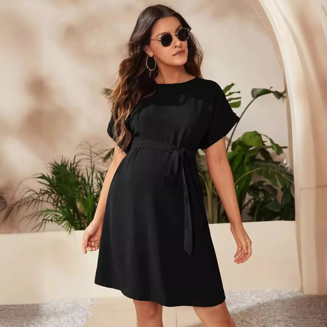 Maternity Dresses - Pregnant Woman Bat Sleeve Waist Tied Dress Pregnant Women Solid Color Lace Up Round Neck Dress Women Casual Dress