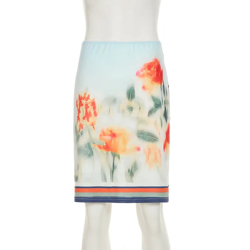 Skirt Sets - Print Floral Two Piece Sets Women Skirt Suit Spaghetti Strap Top Mini Skirt Sets Spring Slim Elegant Party Beachwear