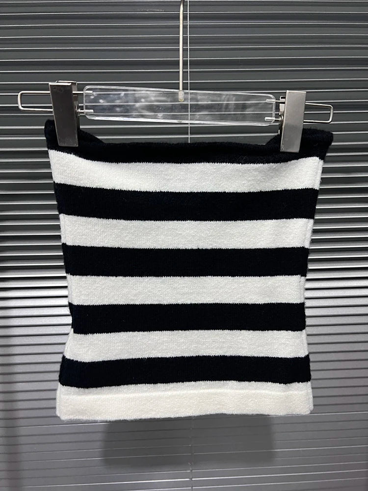 Off Shoulder Tops - Women's Fashion Striped Contrast Color Two-pieces Set Stretch Strapless Long Sleeve Knit Tops 2025 Spring New 33A2346