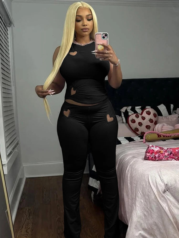 Matching Sets - Spring Release Junior Ankle-Length High Street Pants Suit K25S63797 Girl Solid Slim Love Hollow Pattern Pants Suit