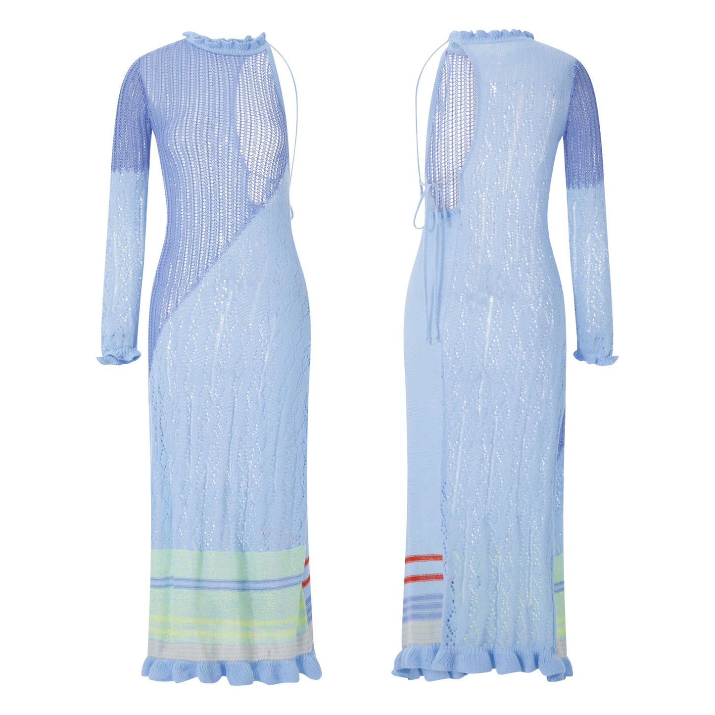 Beach Dresses - Contrast Color Hollow-Out Knit Beach Long Dress 2023 Summer See-Through One-Shoulder Long Sleeve Halter Tie-up Cover-Ups Dress