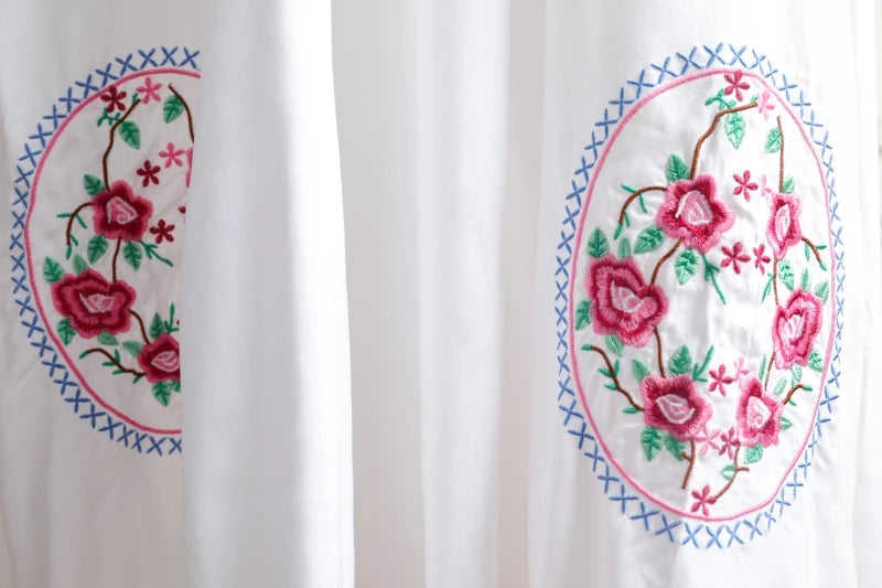 Kaftans - Jastie Embroidered Women Maxi Dress V-Neck Batwing Sleeve Loose Oversize Summer Dresses Drawstring Waist Boho Beach Vestidos