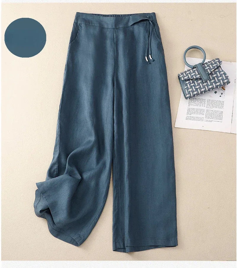 Pants - Summer Wide Leg Pants Women Elastic High Waist Cotton and Linen Casual Pants Loose Straight Yellow Women's Pants