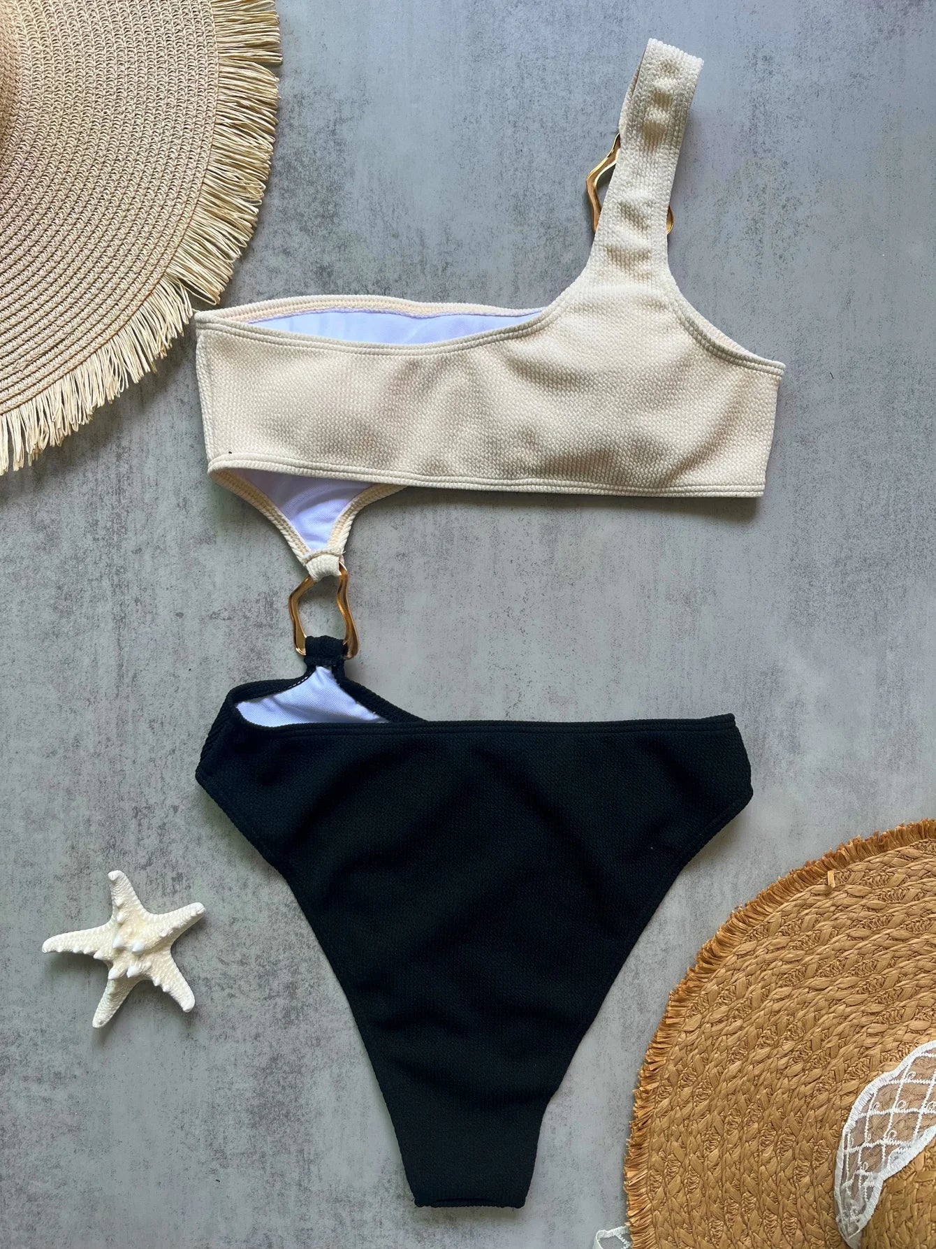 Swimwear - New Splicing Asymmetric One Shoulder One Piece Swimsuit Women Swimwear Female Metal Ring High Cut Bather Bathing Suit Swim