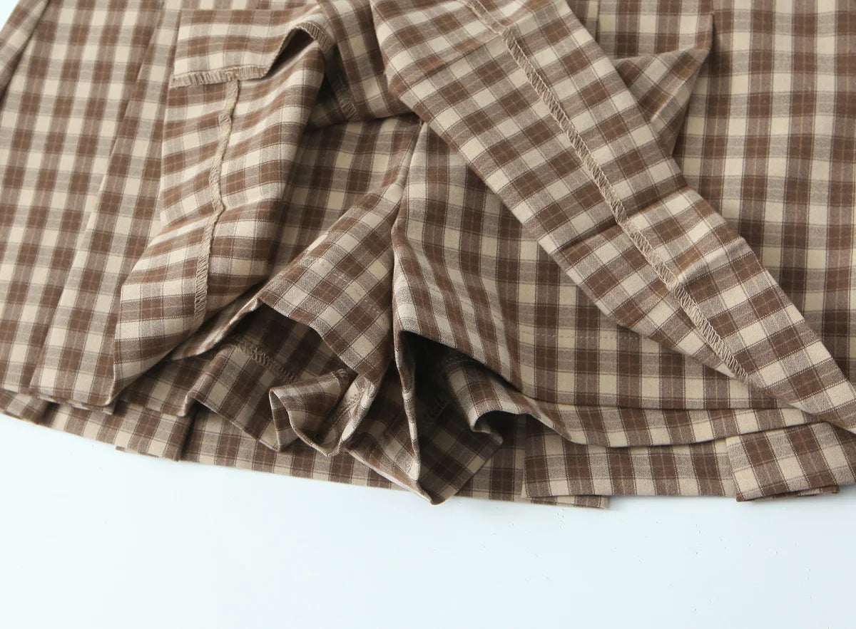 Skirts set - TRAFZA Women 2 Piece Set Elegant Plaid O-Neck Single Breasted Pocket Decorate Vest Top+Chic Zipper Pleated Slim Mini Culottes