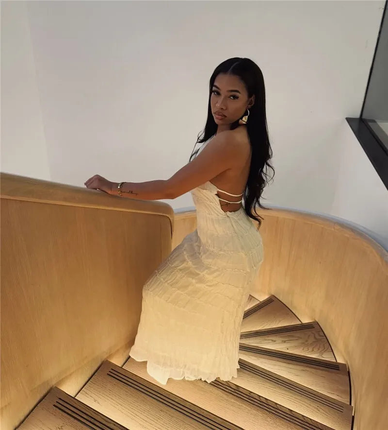 Party Dresses - Mozision Halter Backless Sexy Maxi Dress For Women Spring Summer New Lace-up Sleeveless Pleated Beach Holiday Long Dress Elegant