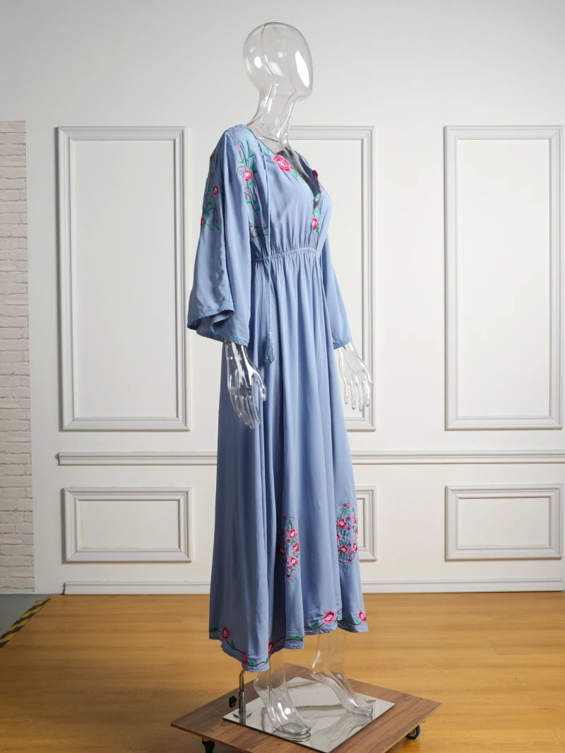 Kaftans - Jastie Embroidered Women Maxi Dress V-Neck Batwing Sleeve Loose Oversize Summer Dresses Drawstring Waist Boho Beach Vestidos