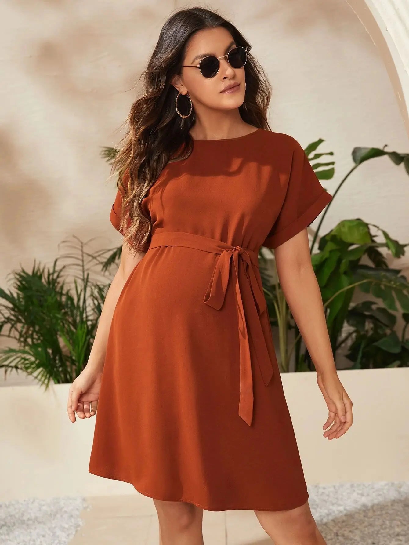 Maternity Dresses - Pregnant Woman Bat Sleeve Waist Tied Dress Pregnant Women Solid Color Lace Up Round Neck Dress Women Casual Dress
