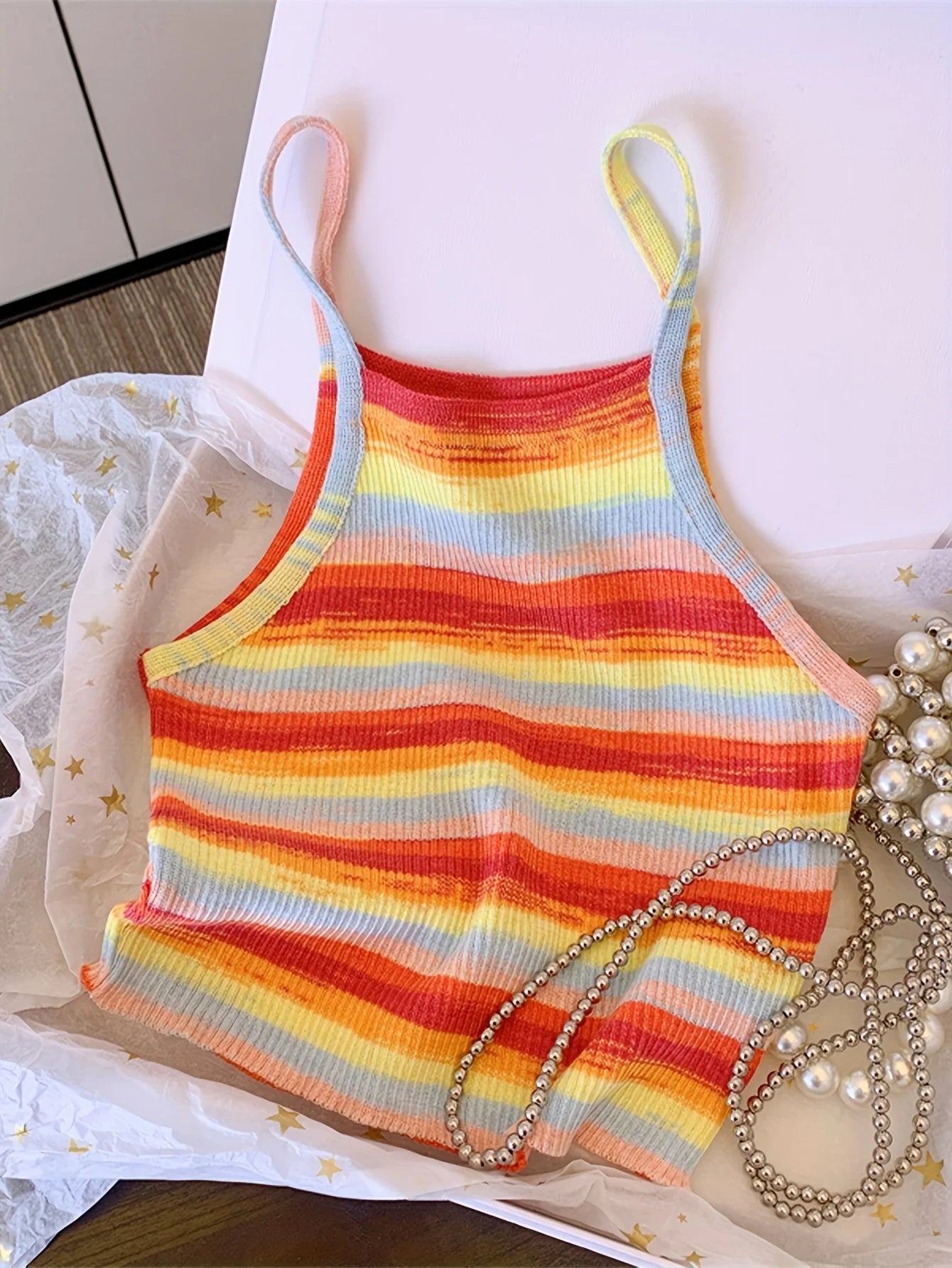 Knit Camis - 2024 Comfortable and Stylish Striped Ribbed Knit Cami Top for Women Sleeveless Square Neck Casual Top Rainbow Crop Top