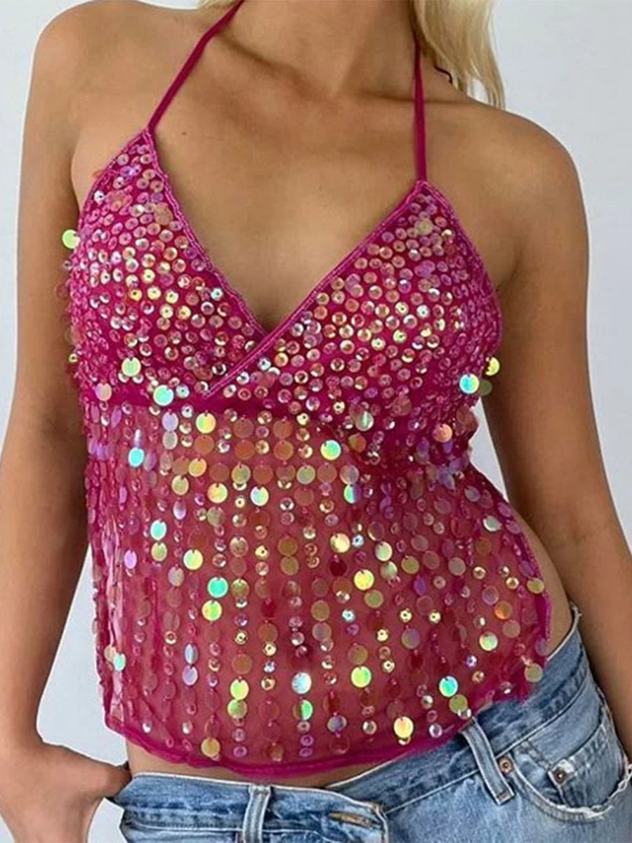 Tops - Women Y2k Sparkly Sequin Halter Beaded Camisole Cute Glitter Rhinestone Spaghetti Strap Backless Criss Cross Cami Top Blue