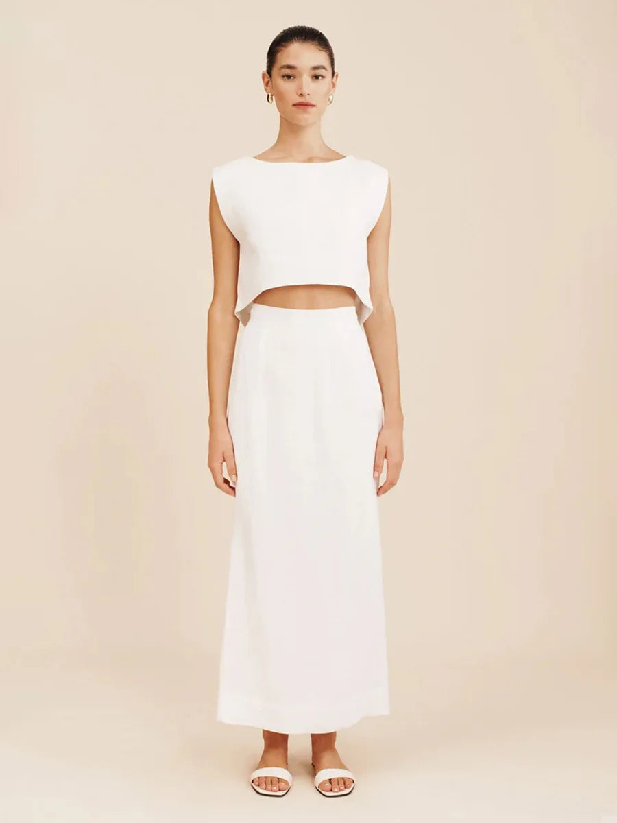 Skirts set - Cotton Linen Vest Half Skirt 2-Piece Set Women's Summer New INS Chic Short Vest Casual Set Split Long Skirt Suits
