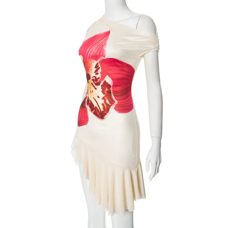 Off Shoulder Dresses - Skew Collar Ruffled Print Sexy Mini Dress For Women Off-shoulder Sleeveless Backless High Waist Printed Dress Vestido