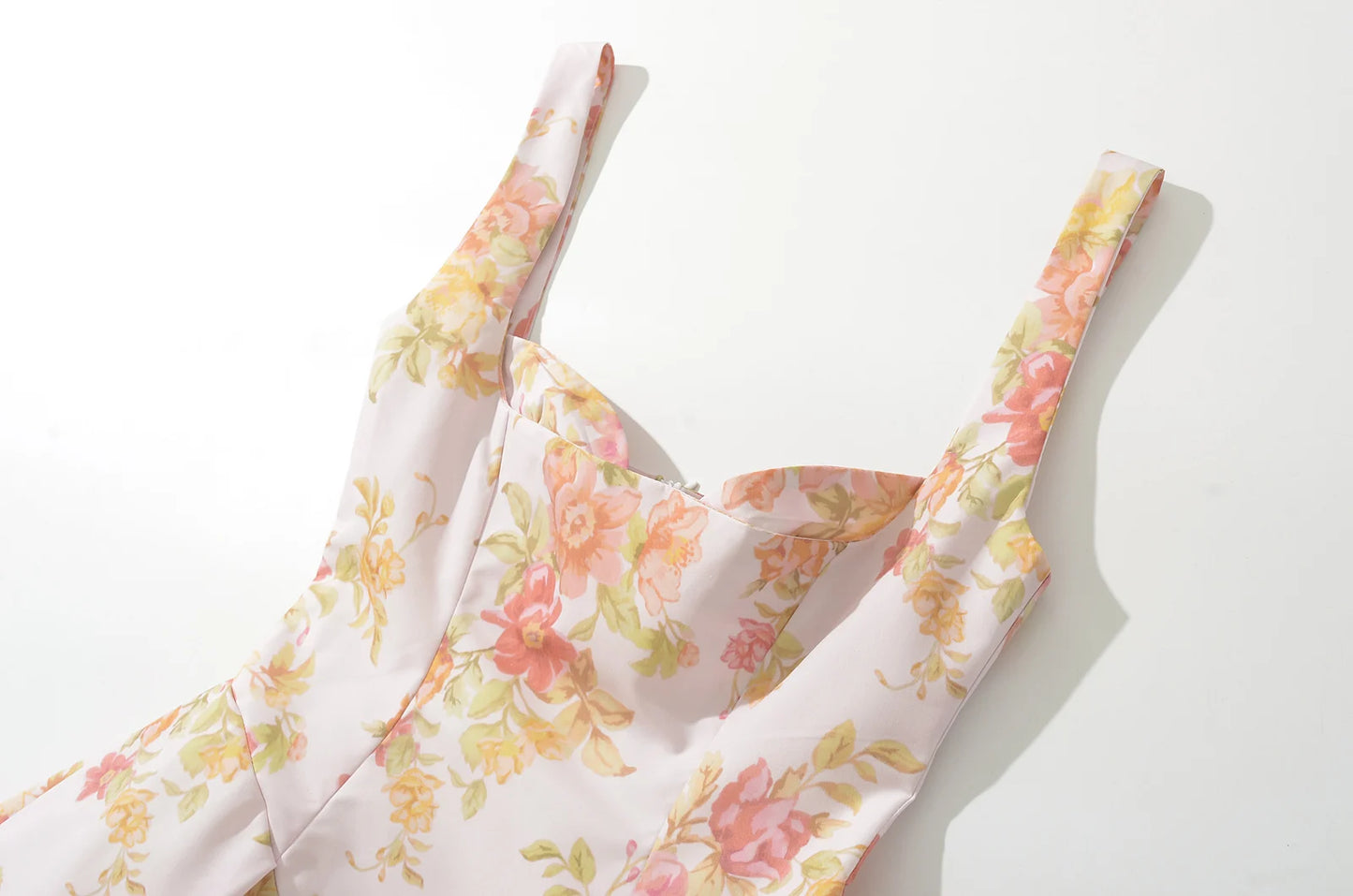 Fit and Flare Dresses - Sexy Pink Flower Print V Collar Sling Dress Women Corset Style Low Waist Folds Hem Ball Gown Swing Mini Tank Robe