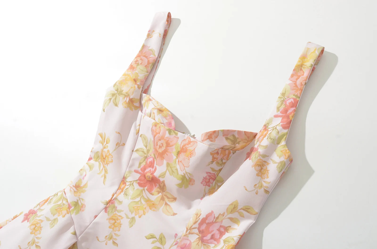 Fit and Flare Dresses - Sexy Pink Flower Print V Collar Sling Dress Women Corset Style Low Waist Folds Hem Ball Gown Swing Mini Tank Robe