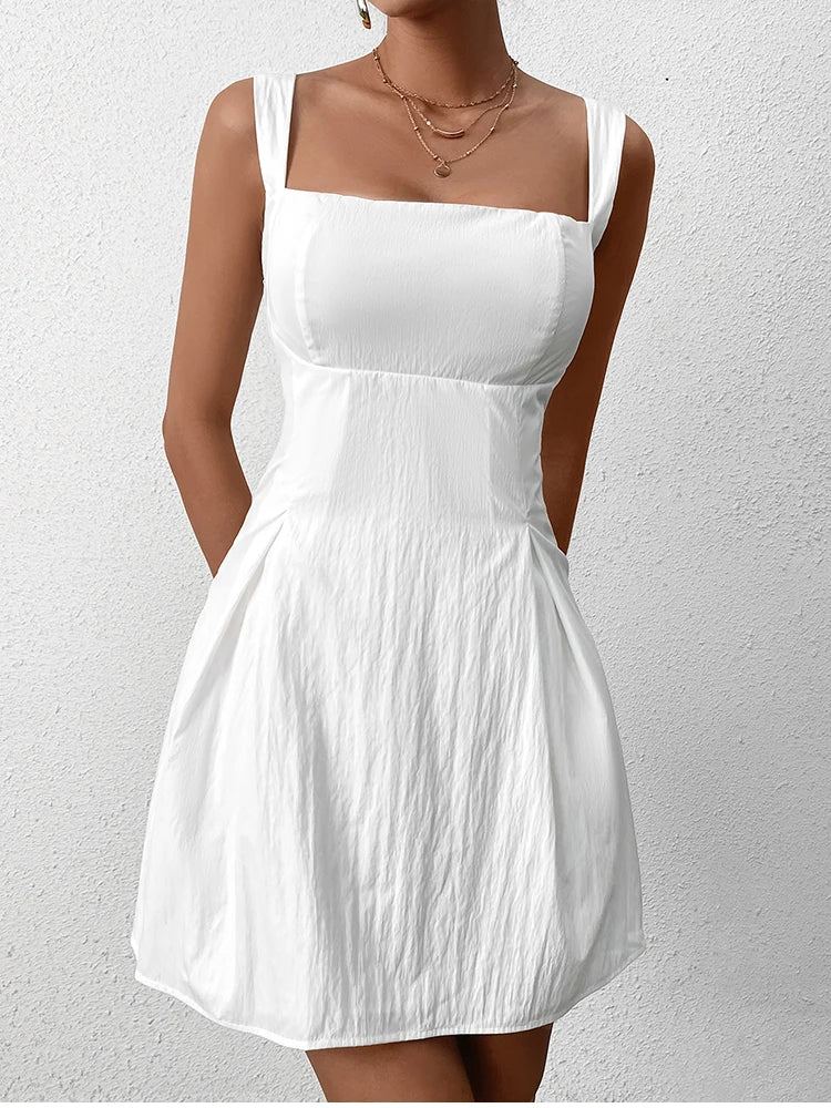 Summer Dresses - Adjustable Straps Lace Up Slip Mini Dress Backless Square Neck Sexy Casual Party Short Dresses White Women's Clothing