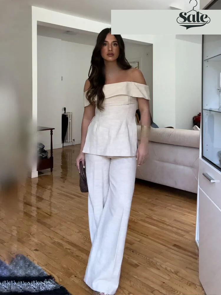 Pants Sets - Women Elegant Solid Slim Back Zipper Side Slit Crop Design Slash Neck Top+High-Waisted Zip-up Loose Long Pant 2 Piece Set