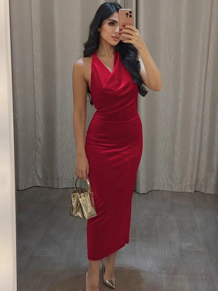 Elegant Dresses - Halter Backless Sexy Maxi Dress For Women Gown Fashion Lace-up Deep V Neck Sleeveless Bodycon Split Long Dress Elegant