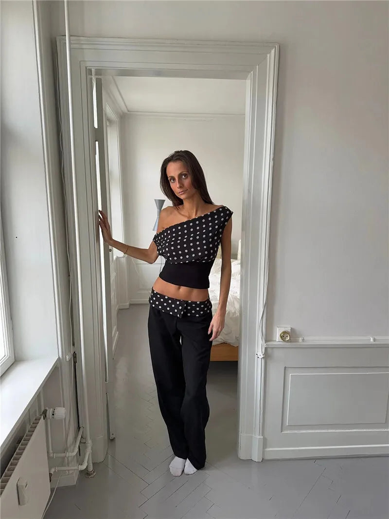 Crop Blouses - Backless Polka Dot Crop Tops Women Vest Fashion Summer New Oblique Shoulder Sleeveless Tank Tops Pullovers Female