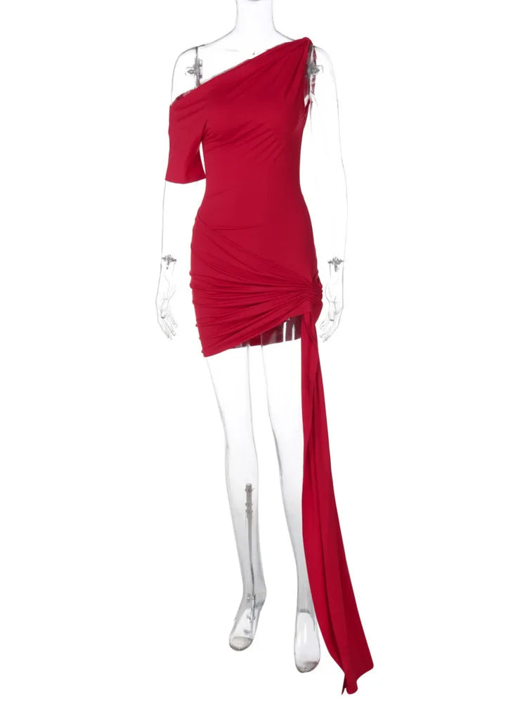Asymmetric Dresses - Oblique Shoulder Backless Irregular Sexy Mini Dress For Women Fashion Sleeveless Draped Ruched Club Dress Elegant