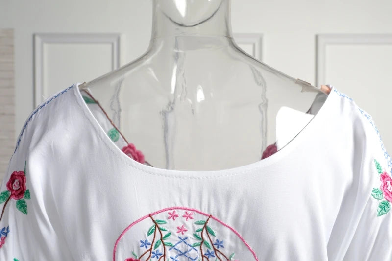 Kaftans - Jastie Embroidered Women Maxi Dress V-Neck Batwing Sleeve Loose Oversize Summer Dresses Drawstring Waist Boho Beach Vestidos