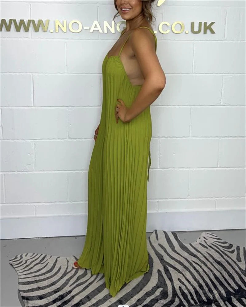 Jumpsuits - Plus-size women's jumpsuit full-body pressure pleated solid color sleeveless suspenders jumpsuit plus-size women's clothing