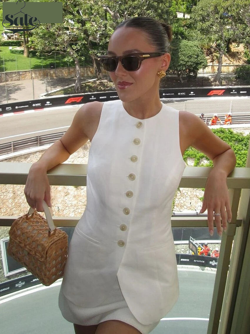 Skirts set - Fashion Slim White Office Top Women Summer O-Neck Sleeveless Tank Top Elegant Classic Solid Tops Female Clothing 2024