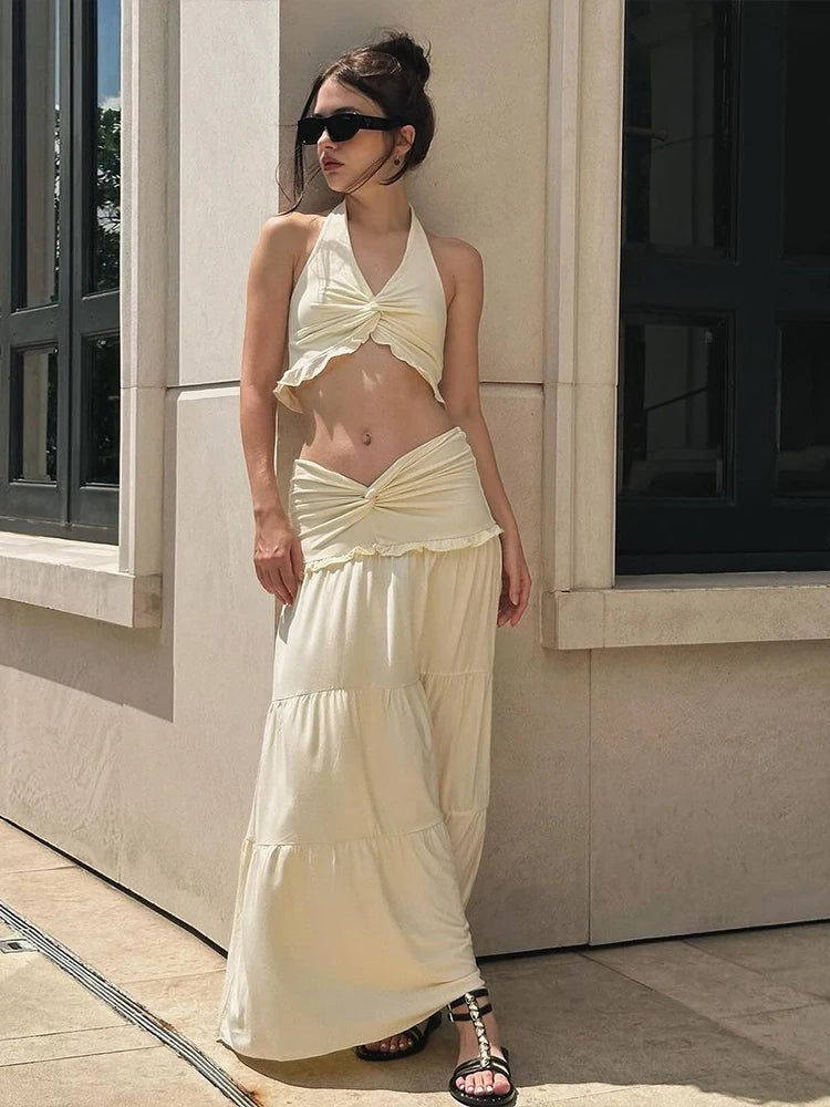 Skirt Sets - Ruched Elegant 2 Piece Set Women Halter Backless Crop Camisole+Elastic Waist Ruffles Long Skirts Street Trend Suits