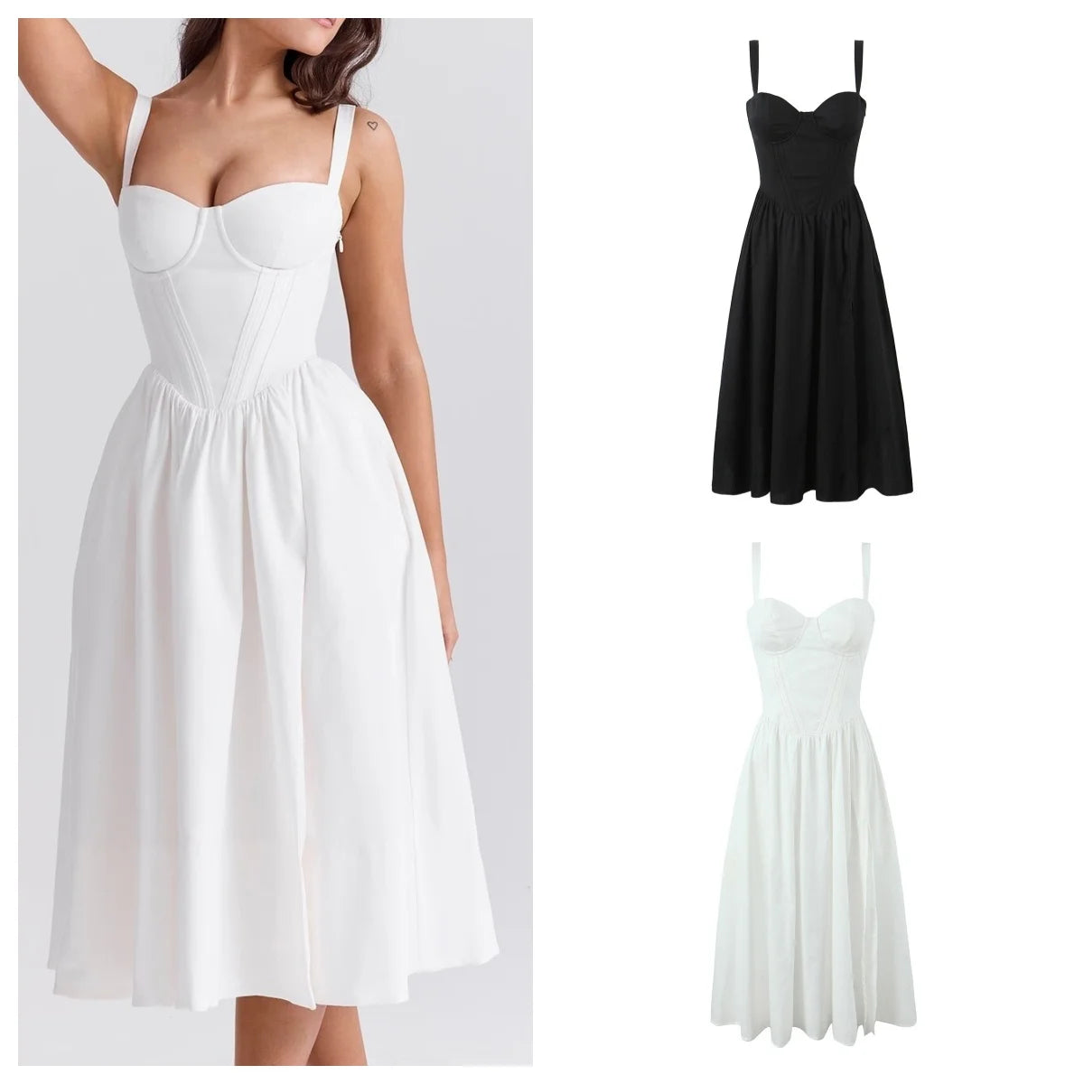 Midi Dresses - women's clothing French white waist slimming suspender dress female summer three-dimensional