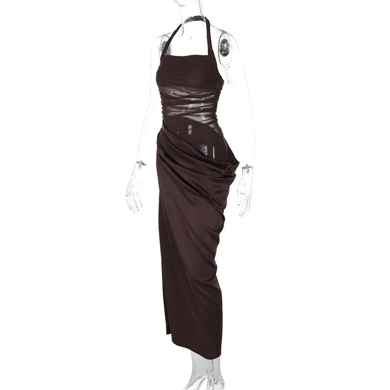 Elegant Dresses - Mesh Patchwork Backless Sexy Maxi Dress For Women Gown Fashion Halter Sleeveless Strapless Bodycon Club Long Dress
