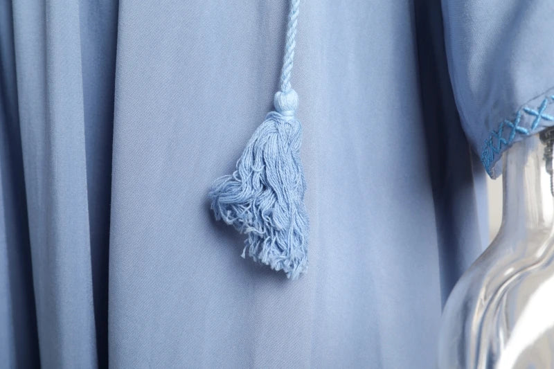 Kaftans - Jastie Embroidered Women Maxi Dress V-Neck Batwing Sleeve Loose Oversize Summer Dresses Drawstring Waist Boho Beach Vestidos