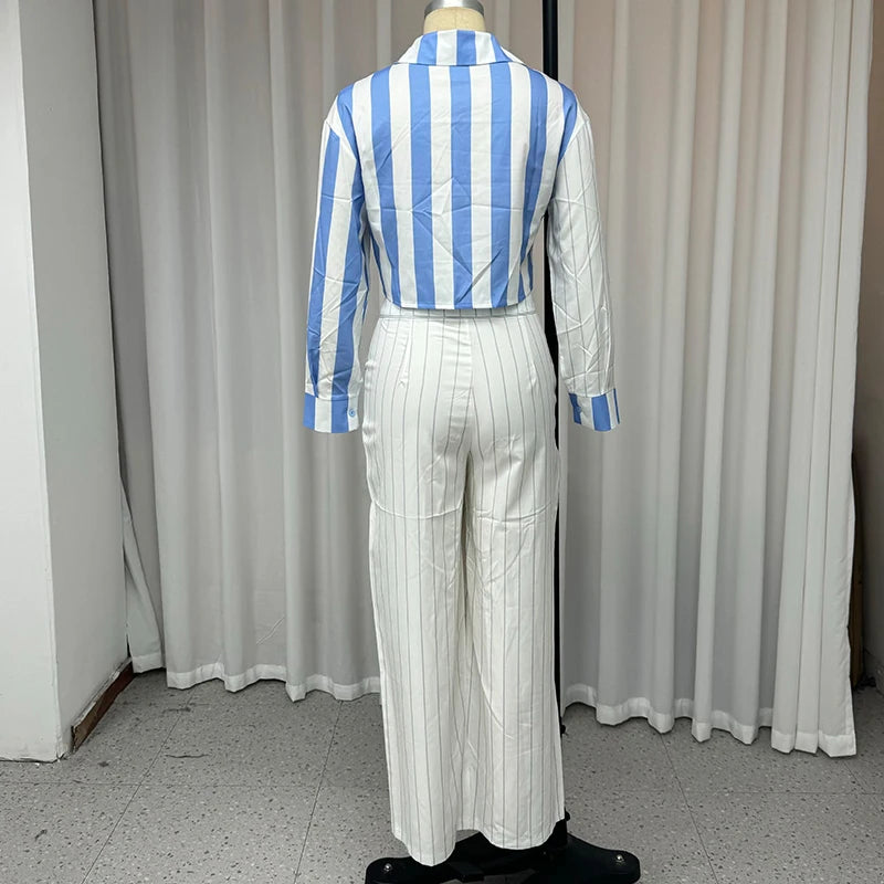 Pants Set - 2 Piece Set Autumn Women Office Elegant Striped Printed Lapel Long Sleeve Single Breasted Button Top Loose Pants Sets