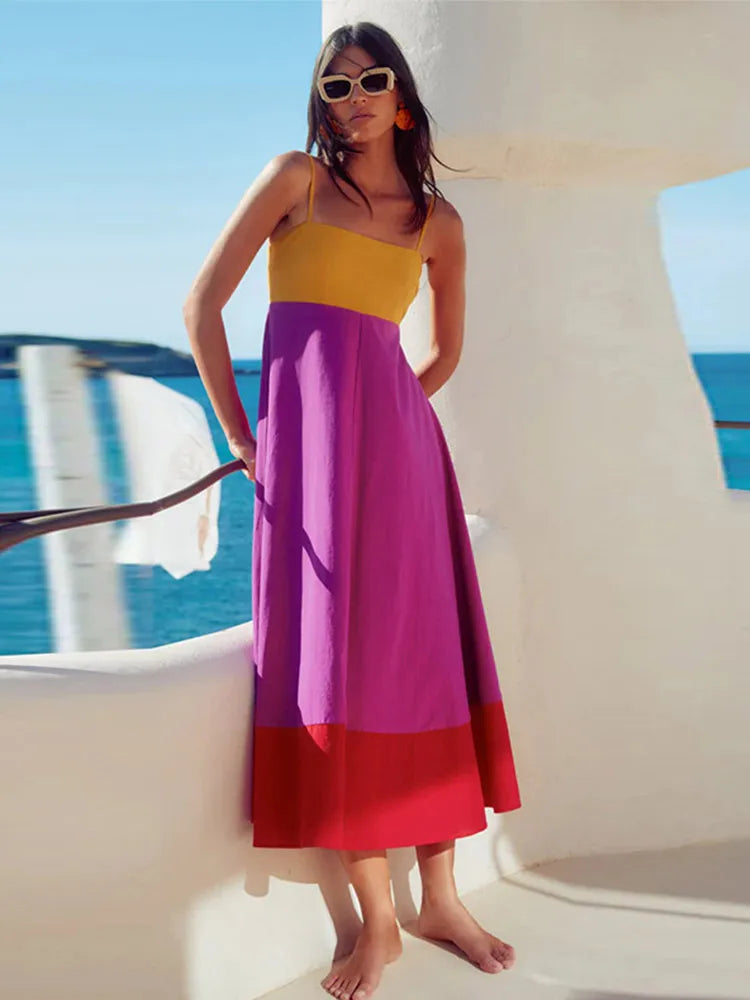 Casual Dresses - Contrast Color Holiday Long Dress Women 2025 Spring Spaghetti Strap High Waist Sleeveless Backless Dresses Female A-line Beach