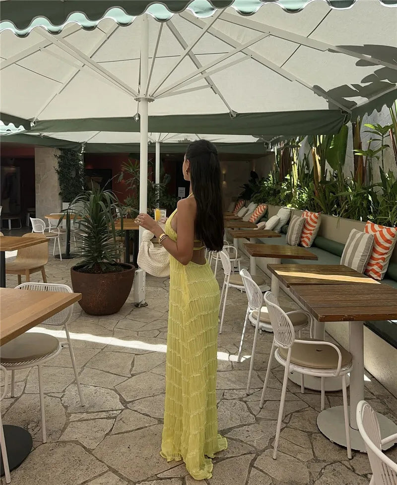 Party Dresses - Mozision Halter Backless Sexy Maxi Dress For Women Spring Summer New Lace-up Sleeveless Pleated Beach Holiday Long Dress Elegant