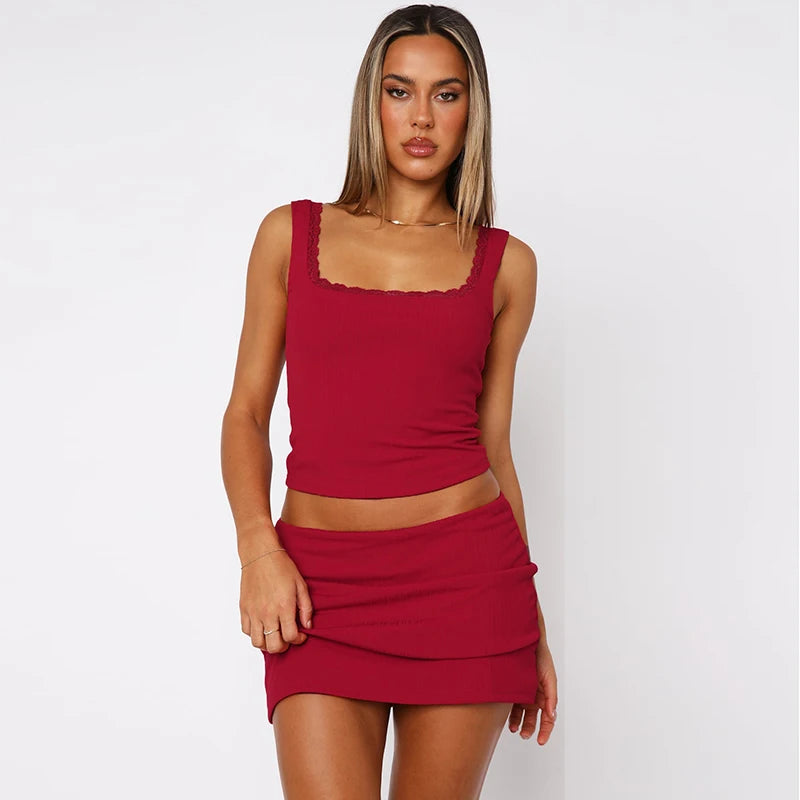 Skirts set - Women 2024 Summer Autumn Crop Tank Tops Mini Skirt Party Club Two Piece Set Outfit Basic Wholesale Items For Business