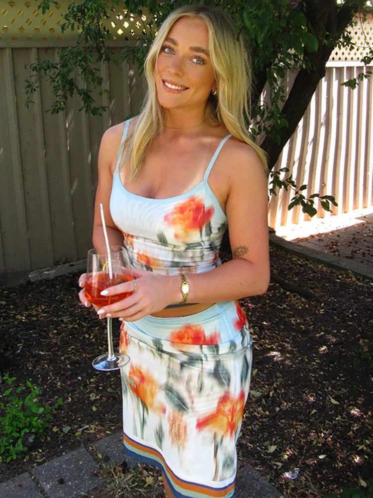 Skirt Sets - Print Floral Two Piece Sets Women Skirt Suit Spaghetti Strap Top Mini Skirt Sets Spring Slim Elegant Party Beachwear