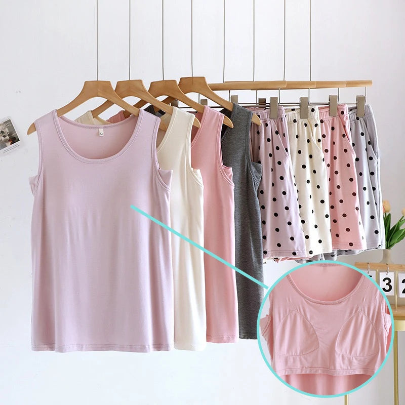 Pajamas - 2025 New Summer Women's Pajamas Set Sleeveless Short Pants Home Clothes Student Can Wear Out Sleepwear With Chest Cushion