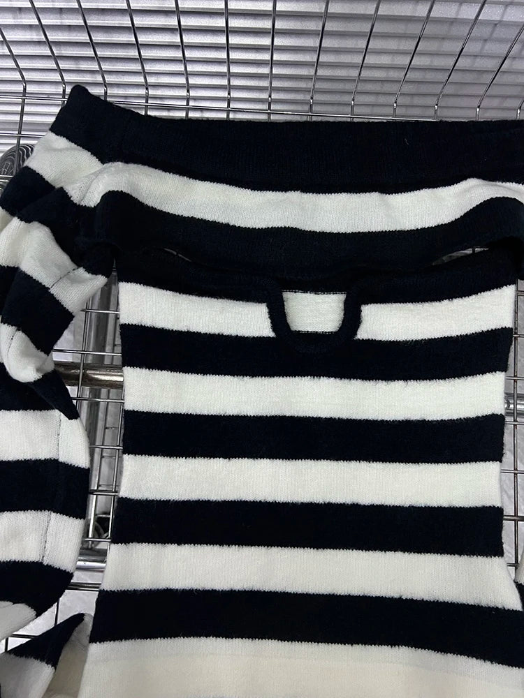 Off Shoulder Tops - Women's Fashion Striped Contrast Color Two-pieces Set Stretch Strapless Long Sleeve Knit Tops 2025 Spring New 33A2346