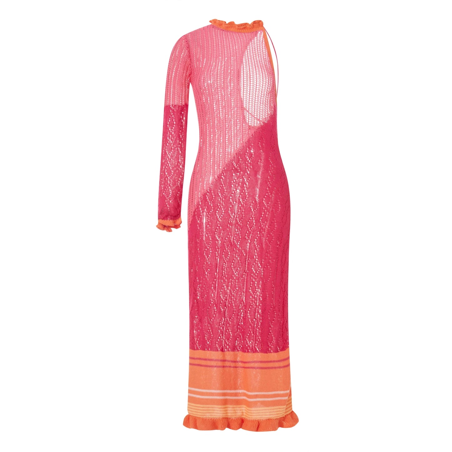 Beach Dresses - Contrast Color Hollow-Out Knit Beach Long Dress 2023 Summer See-Through One-Shoulder Long Sleeve Halter Tie-up Cover-Ups Dress