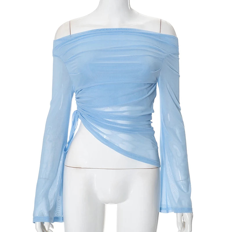 Mesh Tops - Solid Color Long-Sleeve One-Shoulder Sexy Mesh Top See Through Shrunk Pleated Sexy Women T Shirt Casaul Wear Autumn