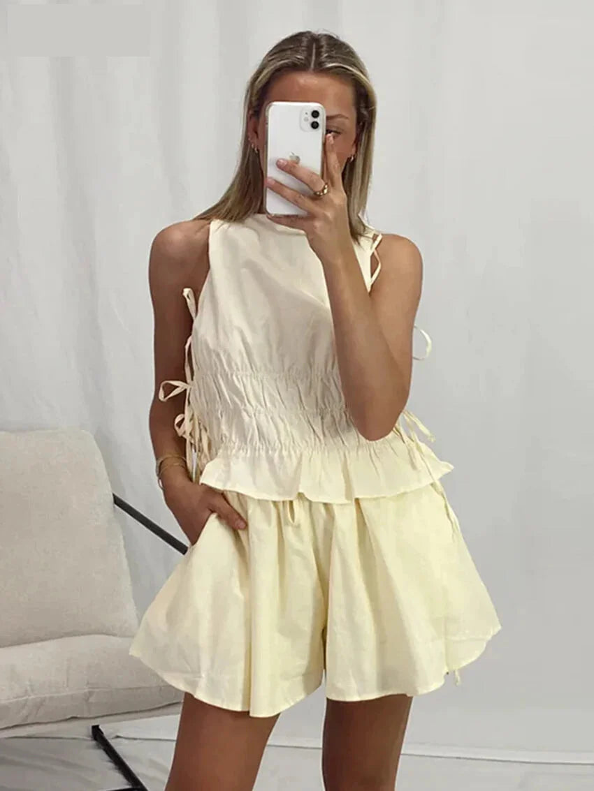 - Summer Loose Yellow Cotton Shorts Set 2 Piece Woman 2025 Fashion Sleeveless Tank Top With High Waist Shorts Set Female